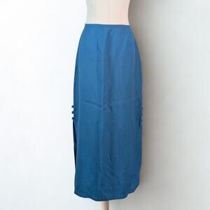 Norton Studio Blue Linen Midi Skirt Side Button Detail Minimalist Size L